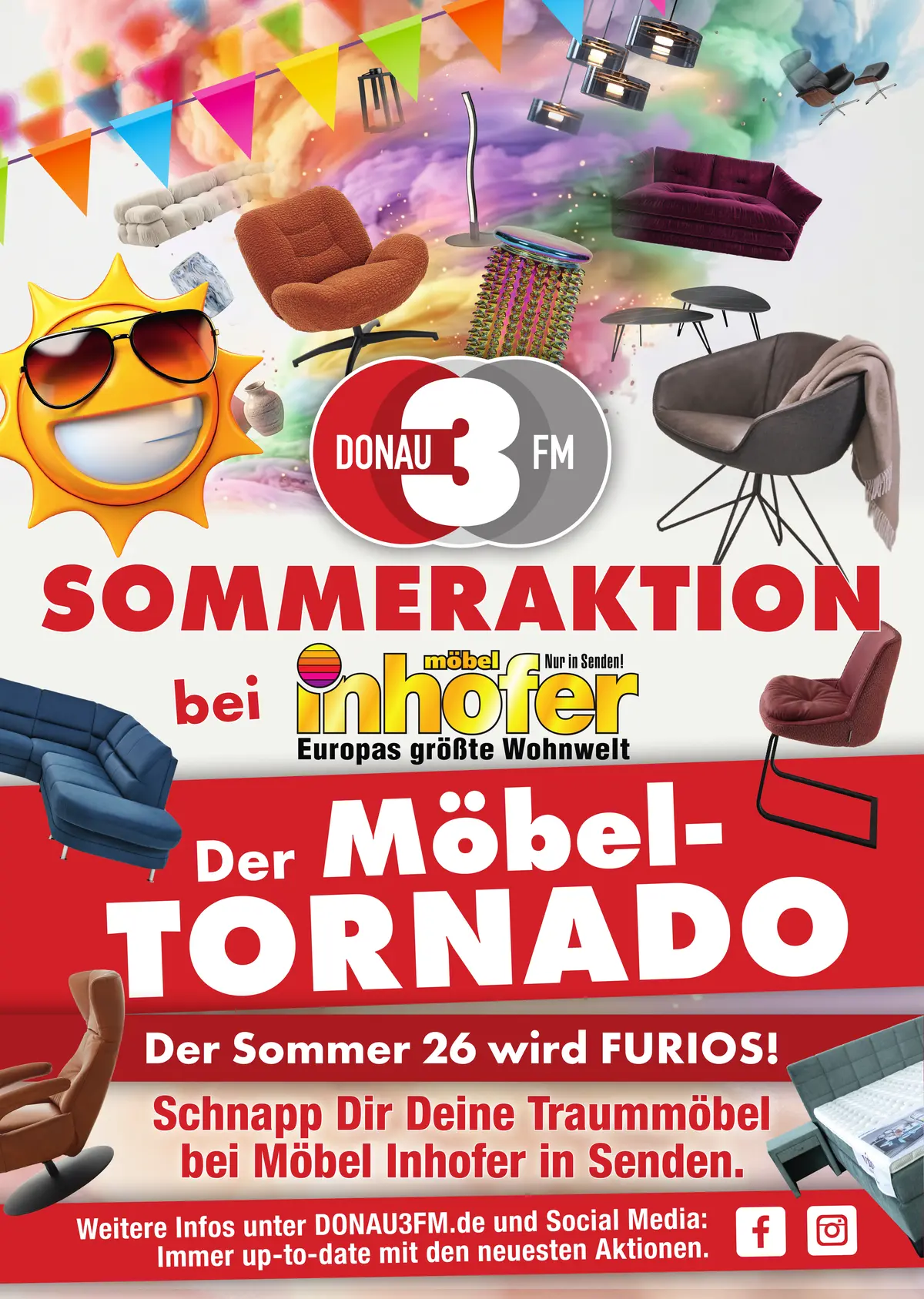 Aktionsplakat zur DONAU 3 FM Sommeraktion Der Möbel-Tornado bei Möbel Inhofer